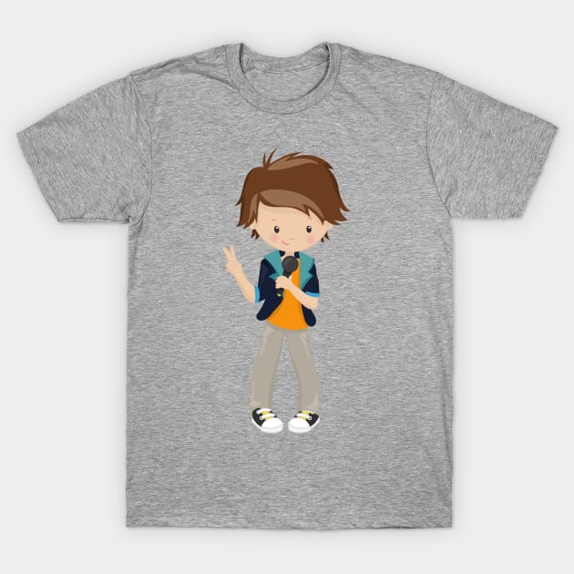 Rock Boy, Brown Hair, Band Singer, Microphone T-Shirt by Jelena Dunčević